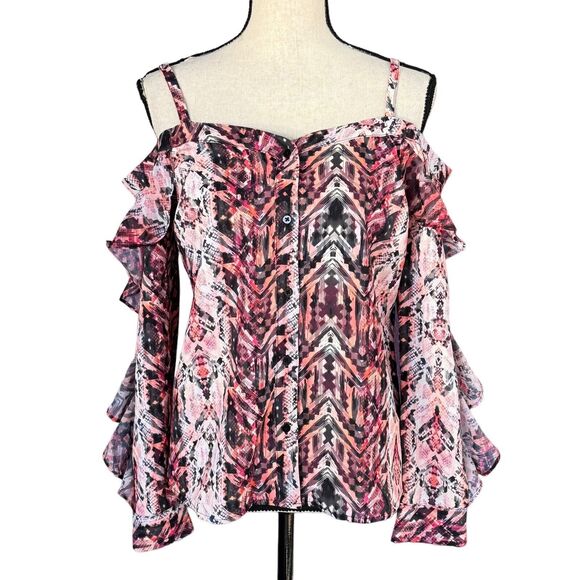 Bar III X-Small Button-Up Top Cold-Shoulder Long Ruffled Sleeve Abstract Snake - Picture 1 of 11